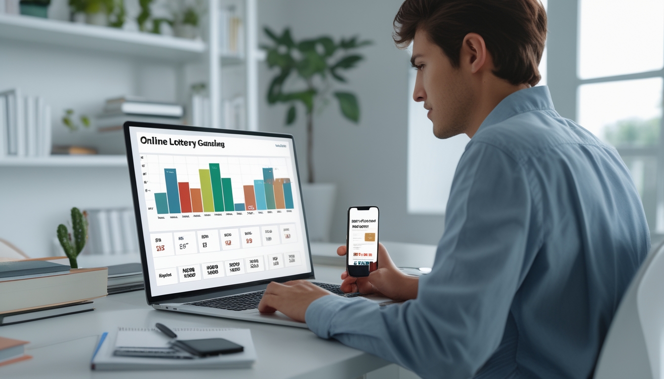 Seorang dewasa muda duduk di meja kerja dengan laptop dan smartphone, fokus melihat data terkait togel online terpercaya dan pembayaran cepat.