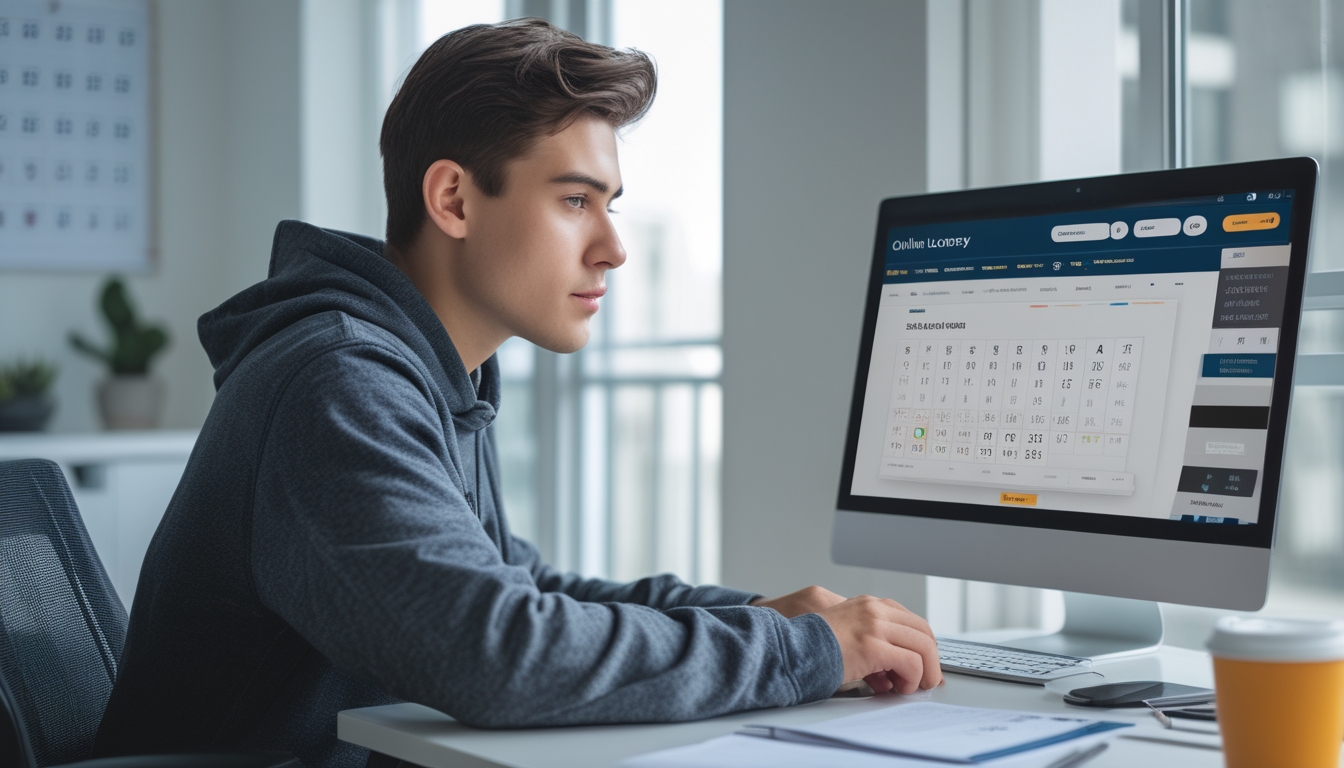 Seseorang duduk di meja dengan laptop terbuka, sedang mempelajari situs togel online terpercaya dengan suasana terang dan rapi.