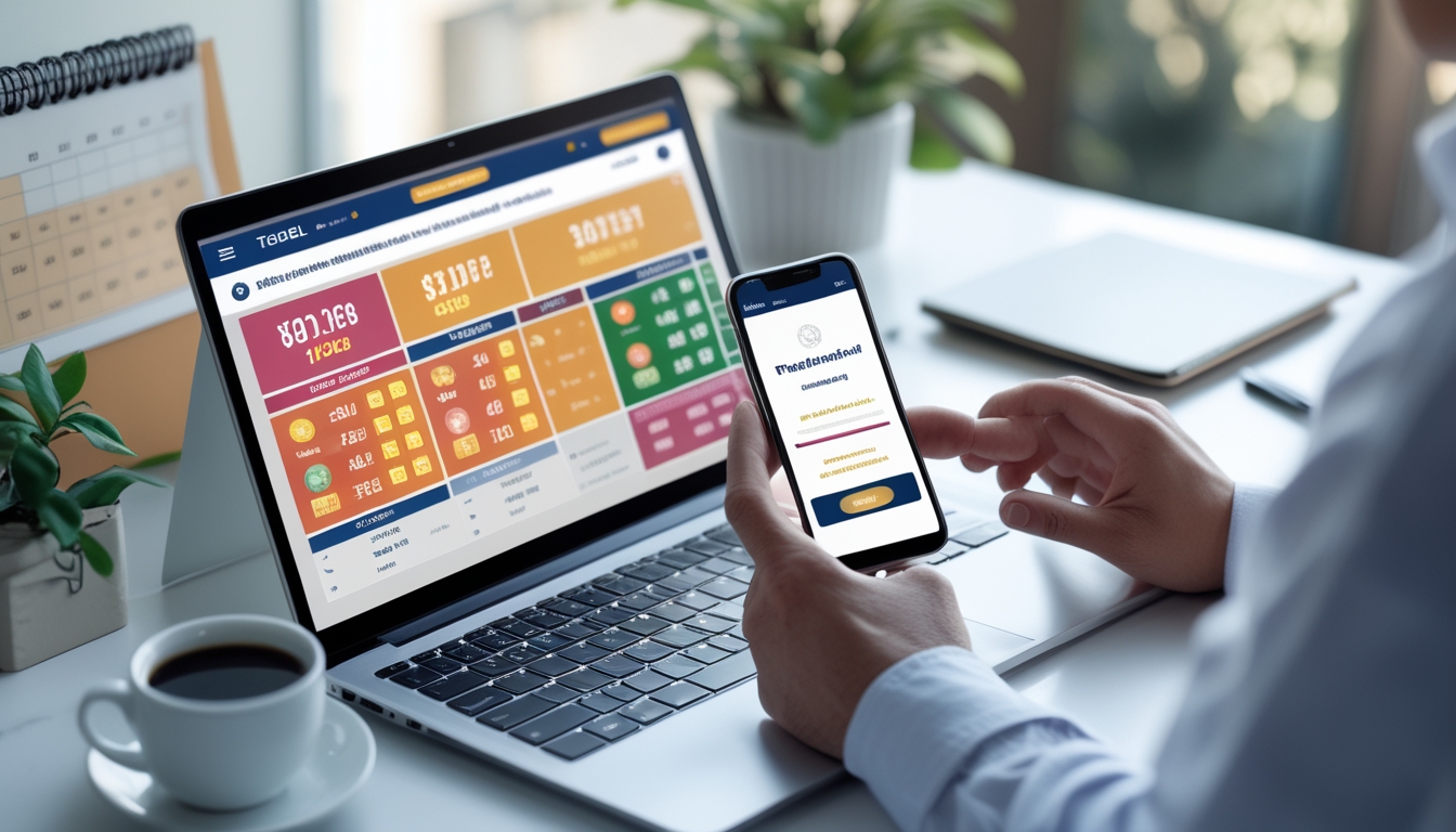 Seseorang sedang menggunakan laptop dan smartphone untuk mendaftar dan bermain togel online di ruang kerja yang rapi dan terang.