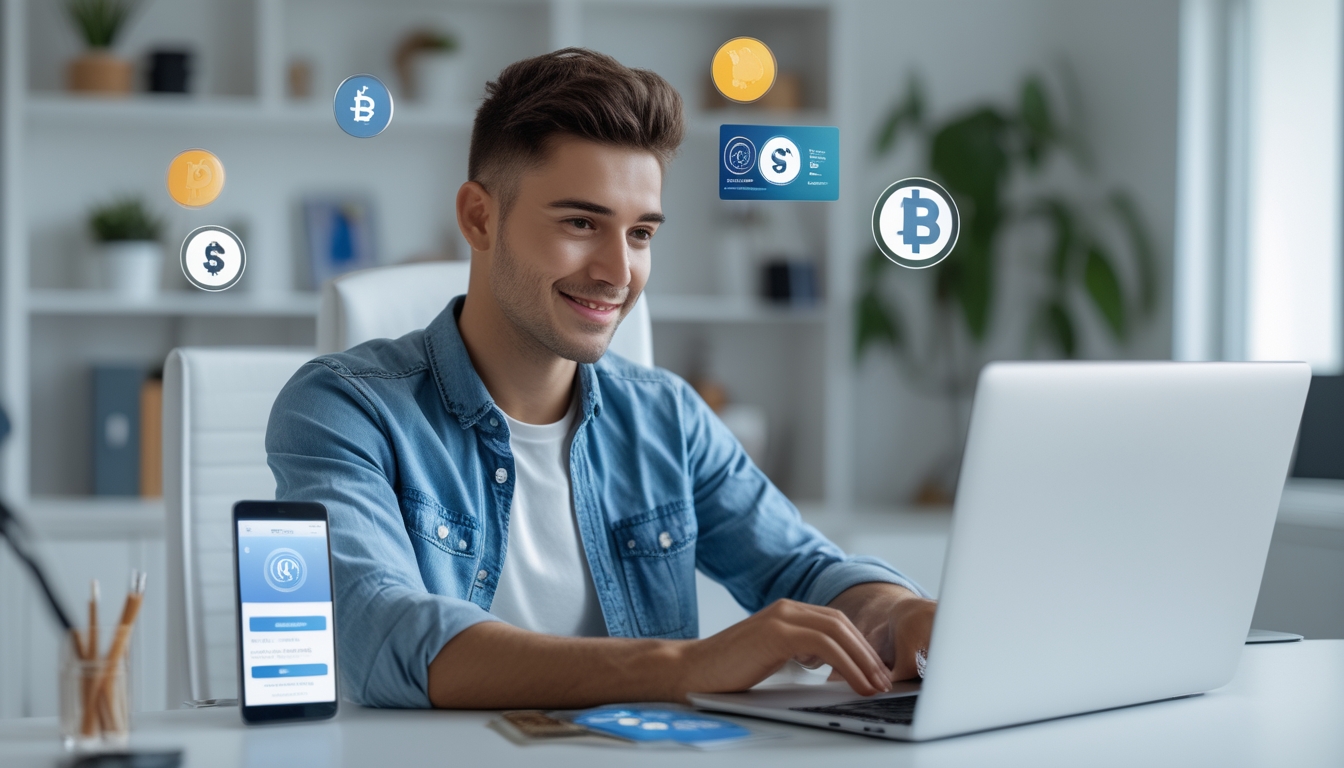 Seorang dewasa muda sedang menggunakan laptop di ruang kerja rumah yang terang dengan elemen yang menunjukkan transaksi online cepat dan terpercaya.