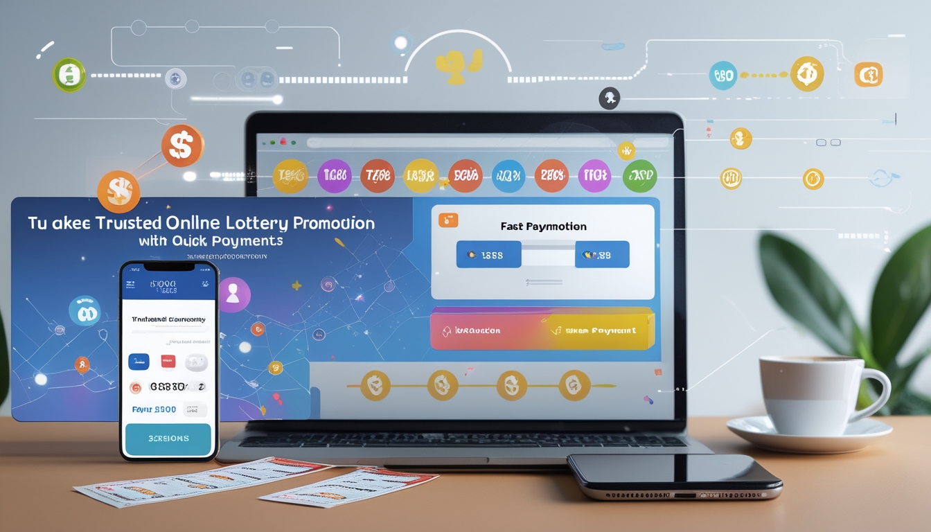 Meja kerja modern dengan laptop menampilkan situs togel online, tiket togel, ponsel dengan layar konfirmasi pembayaran, dan secangkir kopi.