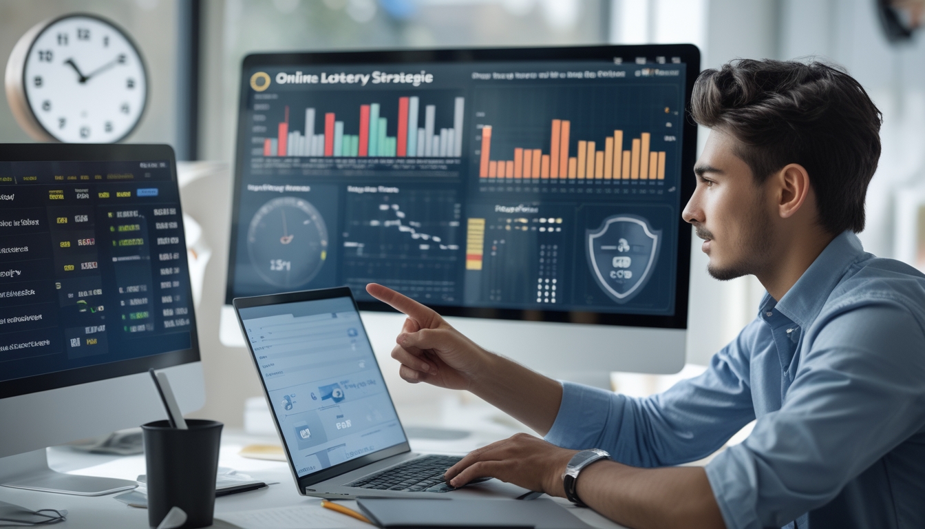 Seorang pria muda sedang menganalisis data di depan beberapa layar komputer di kantor modern yang terang.