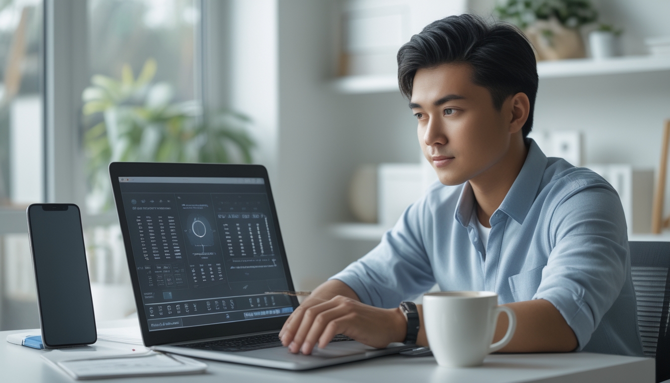 Seorang pria muda duduk di meja dengan laptop, fokus melihat layar di ruang kerja rumah yang terang dan rapi.