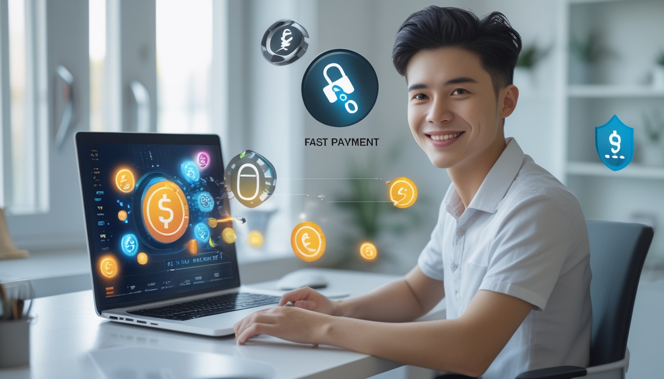 Seseorang duduk di meja dengan laptop di ruang kerja yang terang, tersenyum dan menunjukkan kepuasan saat menggunakan layanan togel online terpercaya.