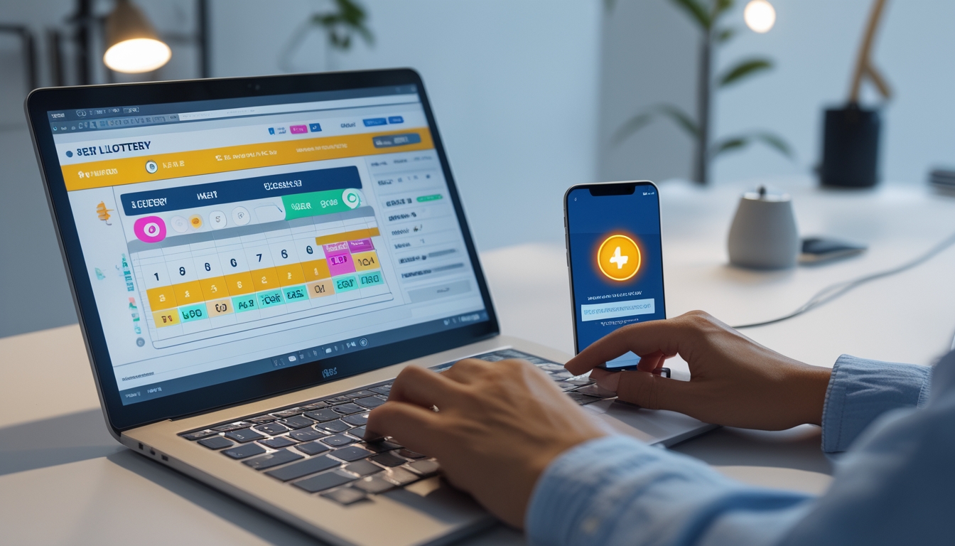 Seorang pengguna sedang menggunakan laptop dan ponsel di meja kerja yang rapi, menampilkan aktivitas bermain togel online dengan pembayaran cepat.