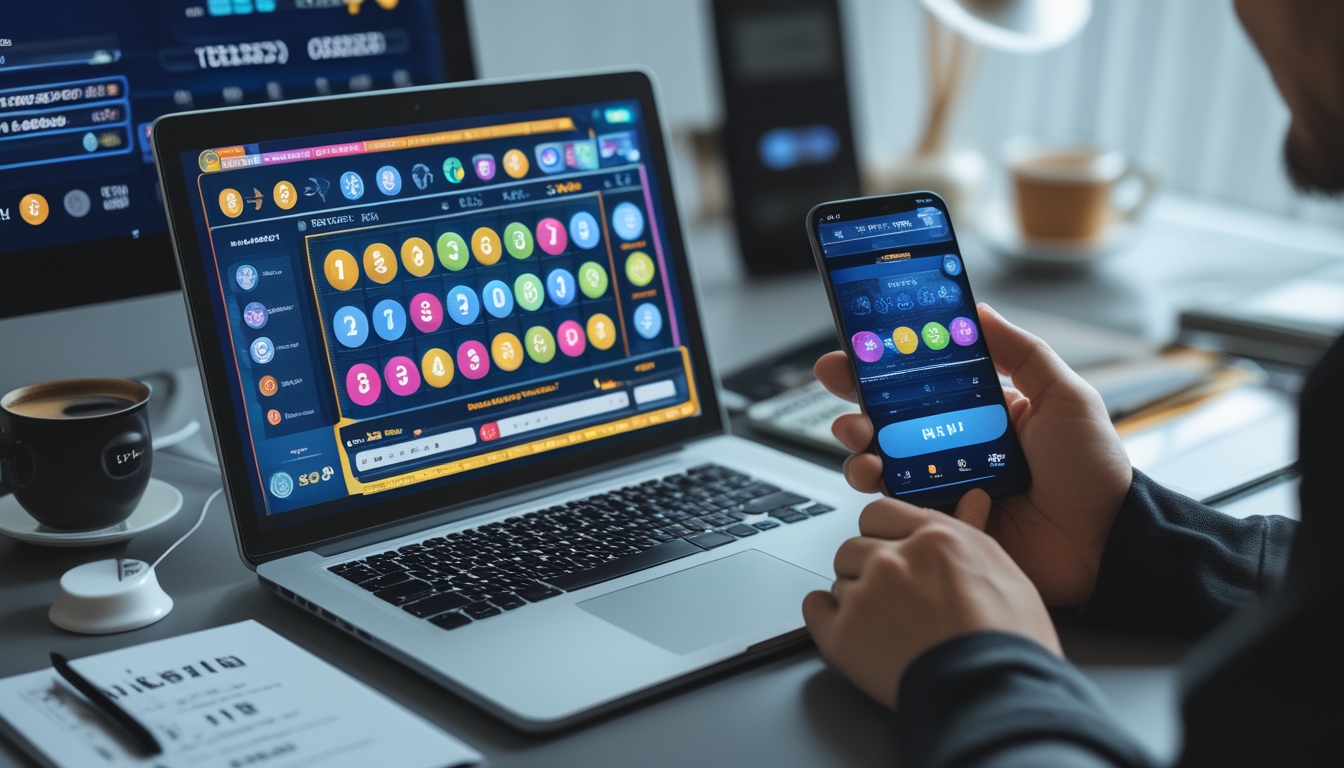 Seseorang menggunakan laptop dan ponsel di meja kerja yang rapi, menampilkan antarmuka permainan togel online dengan suasana yang profesional dan terpercaya.