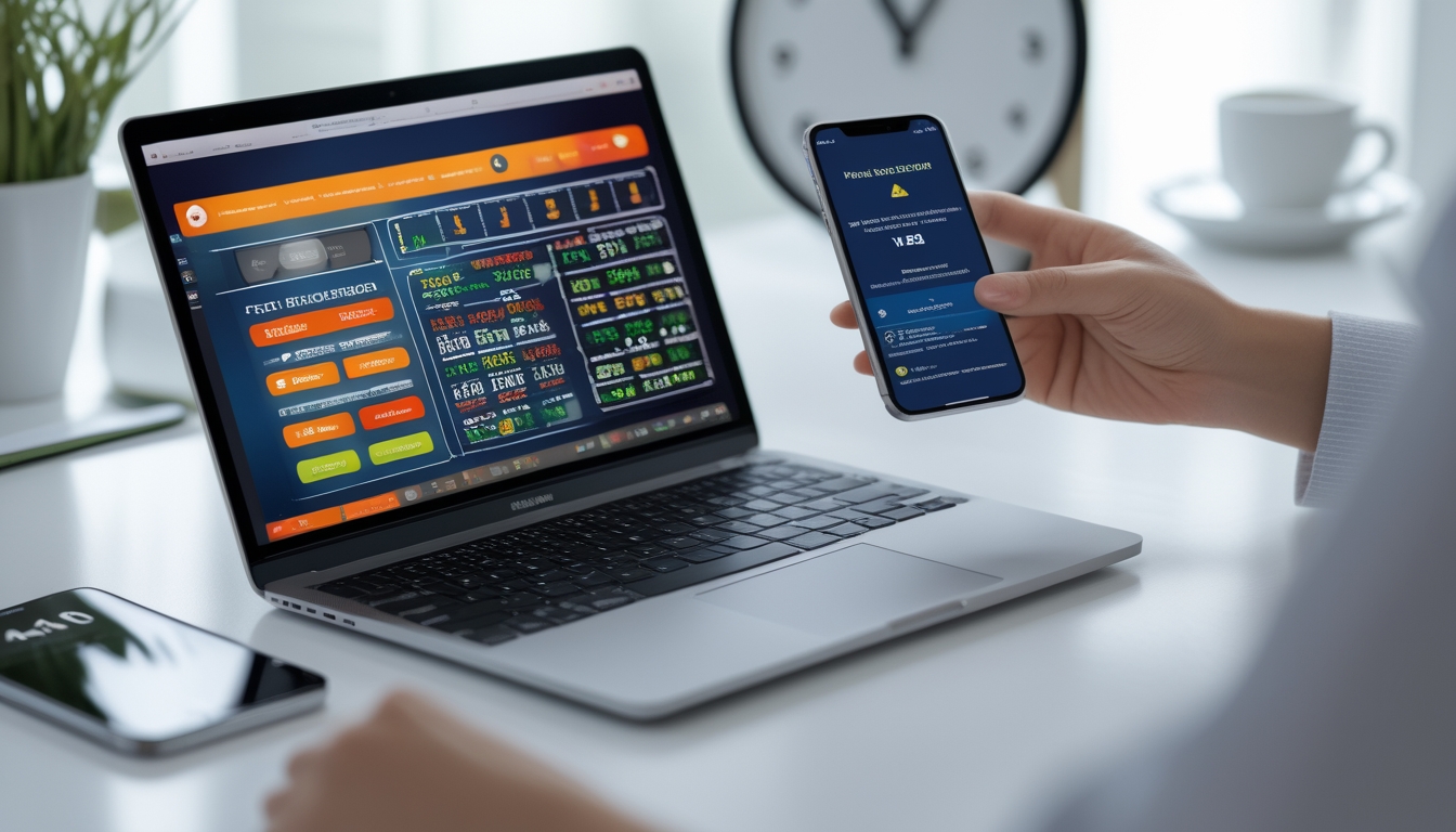 Seorang pengguna sedang melihat situs lotre online terpercaya di laptop dan ponsel dengan suasana kerja yang rapi dan terang.