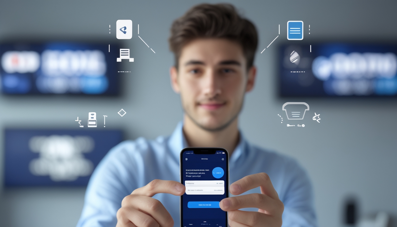 Seorang dewasa muda menggunakan ponsel untuk melakukan transaksi cepat melalui aplikasi GoPay dengan latar belakang elemen terkait taruhan bola online.