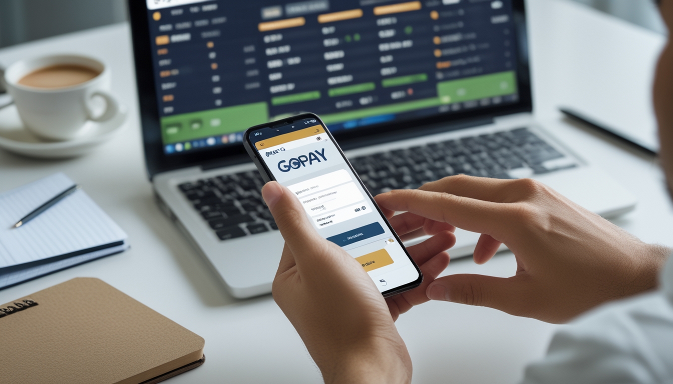 Tangan seseorang memegang ponsel dengan aplikasi GoPay terbuka dan latar belakang laptop menampilkan situs taruhan bola online.