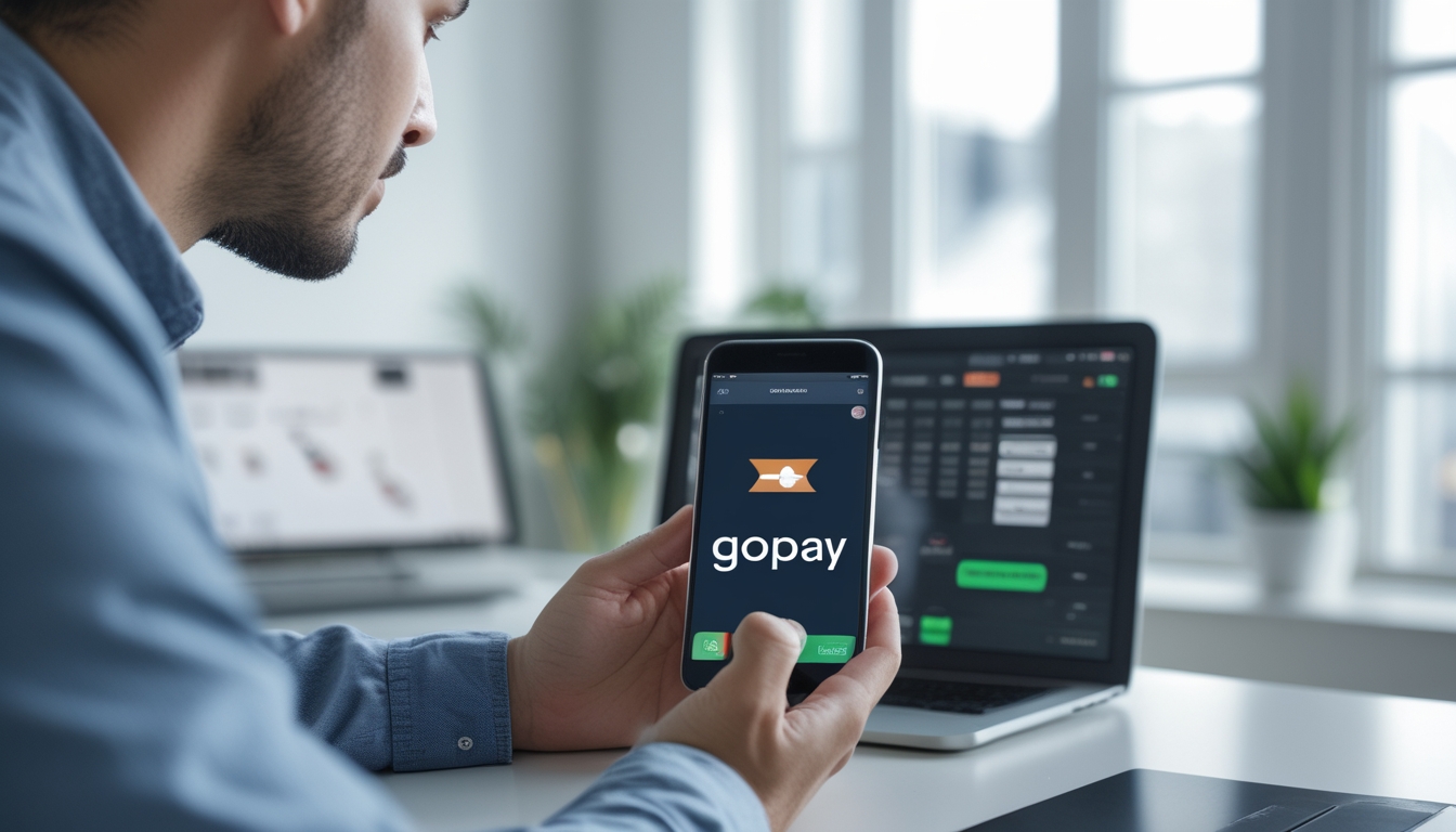 Seseorang menggunakan ponsel dengan aplikasi GoPay terbuka, di meja kerja dengan laptop yang menampilkan pertandingan sepak bola.