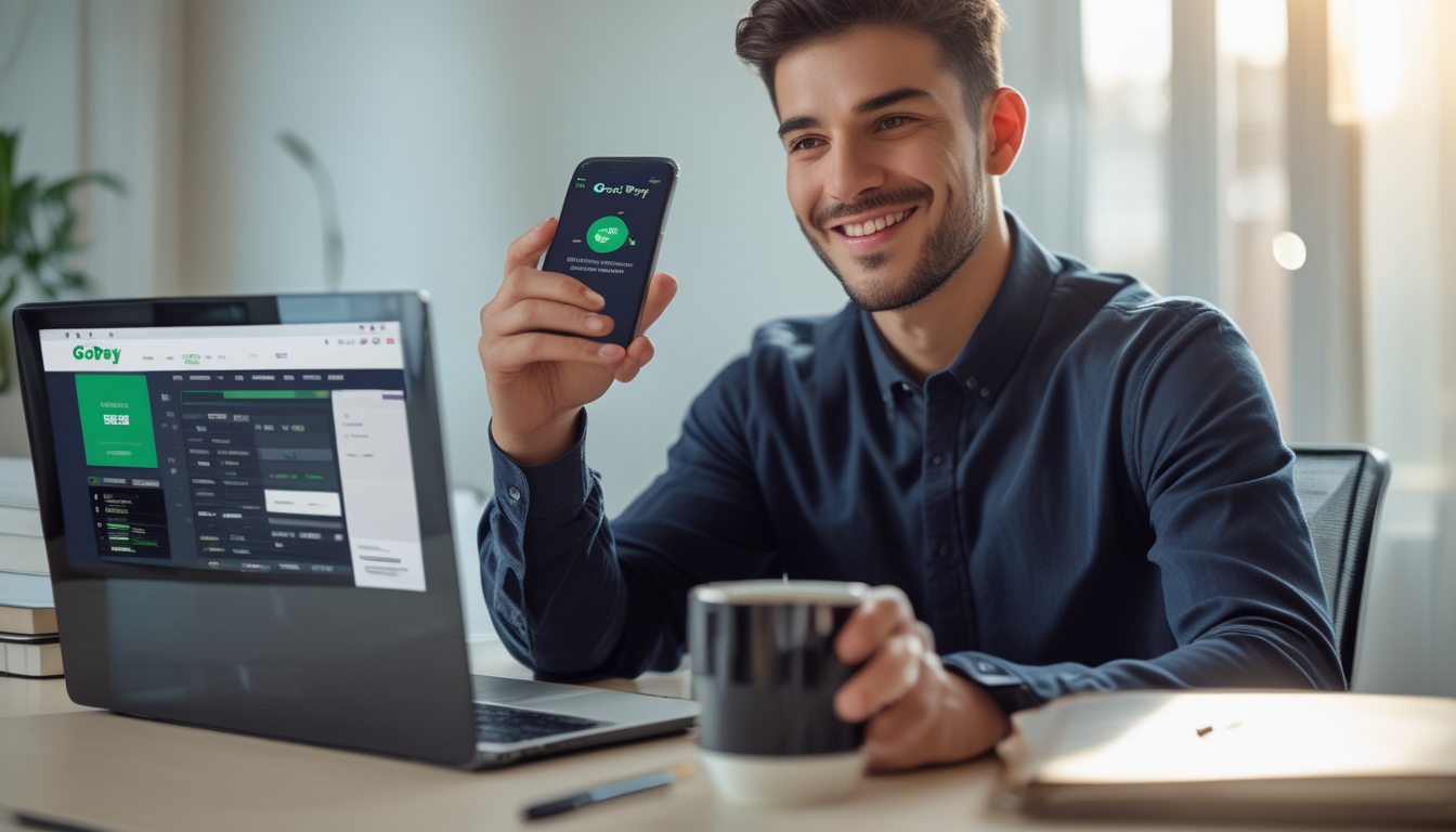 Seorang pria muda menggunakan ponsel untuk melakukan transaksi online di ruang kerja modern dengan laptop terbuka di meja.