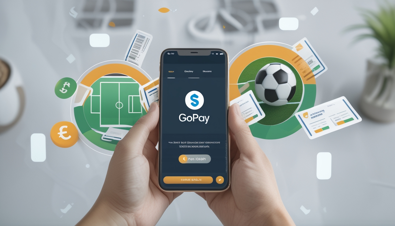 Tangan seseorang memegang ponsel yang menampilkan aplikasi dompet digital GoPay dengan ikon bola sepak dan simbol taruhan di latar belakang.