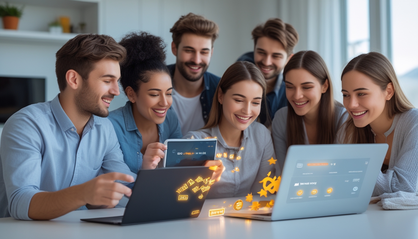 Sekelompok orang muda menggunakan laptop dan ponsel untuk melakukan transaksi digital terkait promosi taruhan bola online.