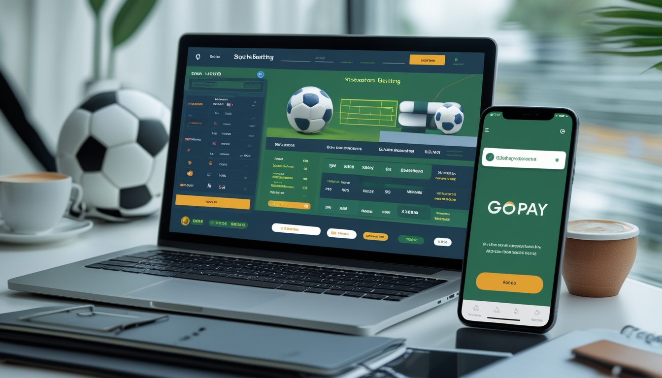 Seorang pria menggunakan laptop dan smartphone untuk memasang taruhan bola online dengan aplikasi pembayaran GoPay di meja kerja.