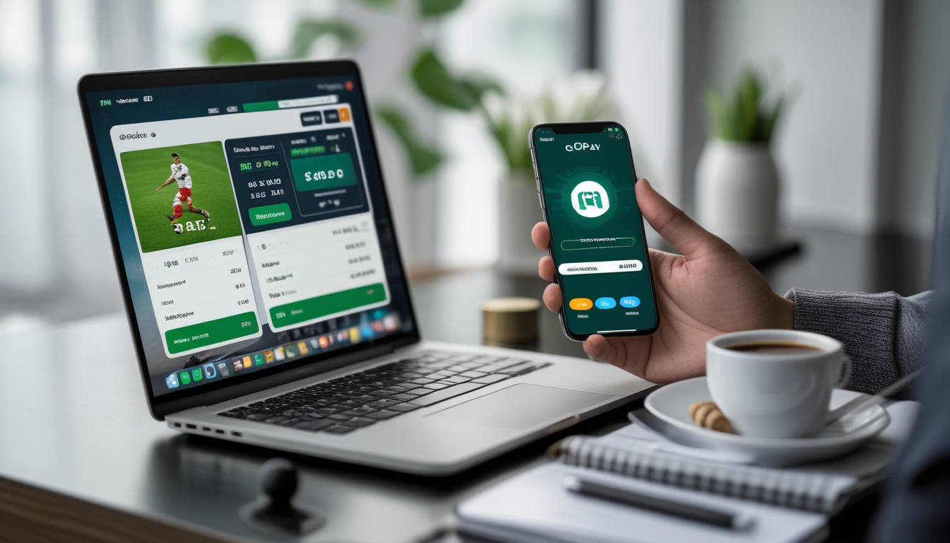 Seorang pria menggunakan laptop dan ponsel untuk memasang taruhan bola online dengan aplikasi pembayaran digital di meja kerja.