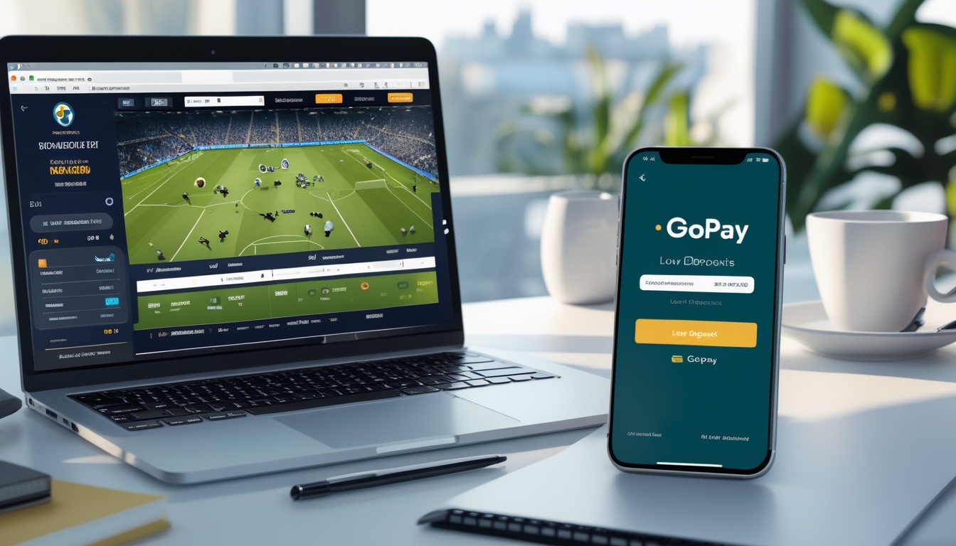 Seorang pengguna mengakses situs taruhan bola online di laptop dan aplikasi GoPay di ponsel dengan suasana meja kerja yang terang dan rapi.