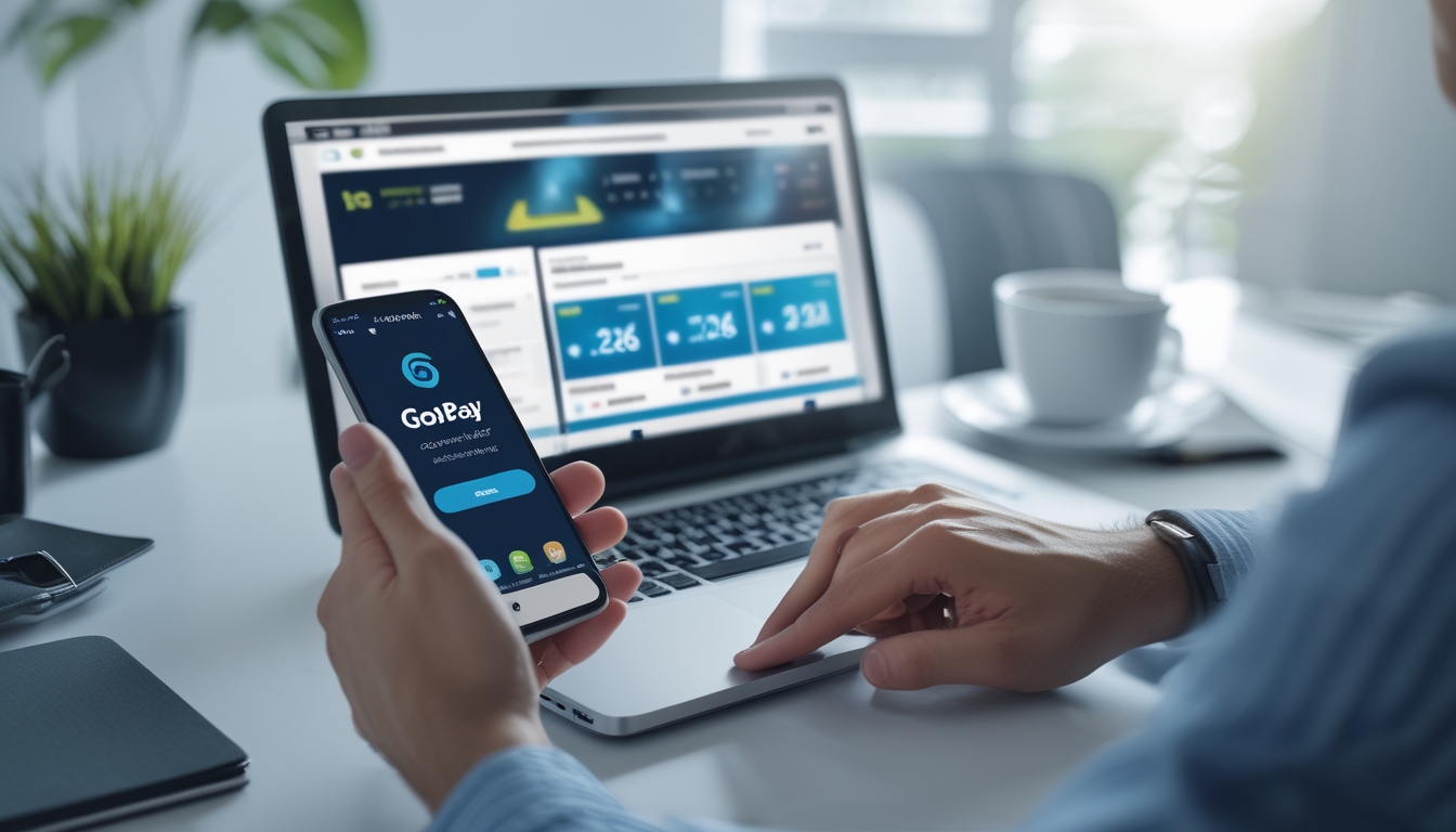 Seseorang menggunakan ponsel dan laptop di meja kerja untuk melakukan pembayaran GoPay pada situs taruhan bola online.