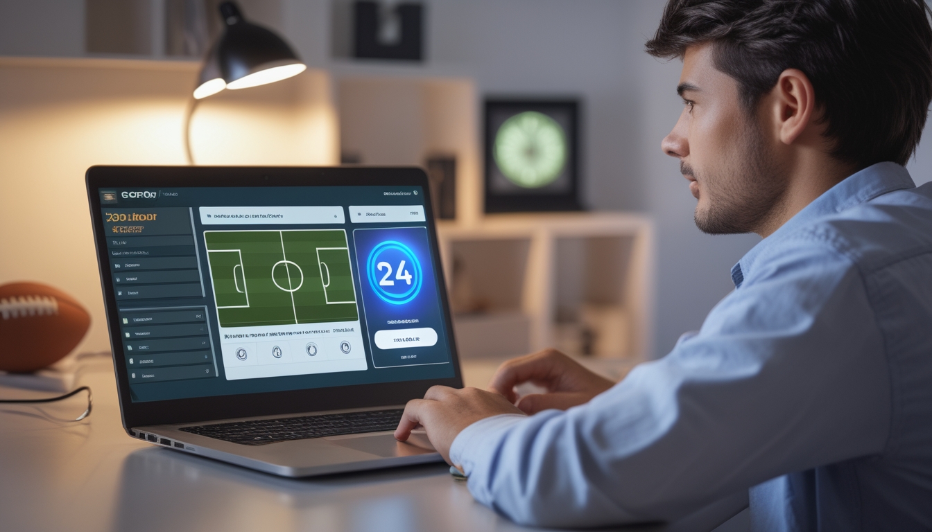 Seorang pria muda duduk di depan laptop dengan ponsel yang menampilkan aplikasi pembayaran, di ruang kerja modern dengan elemen bola sepak di latar belakang.