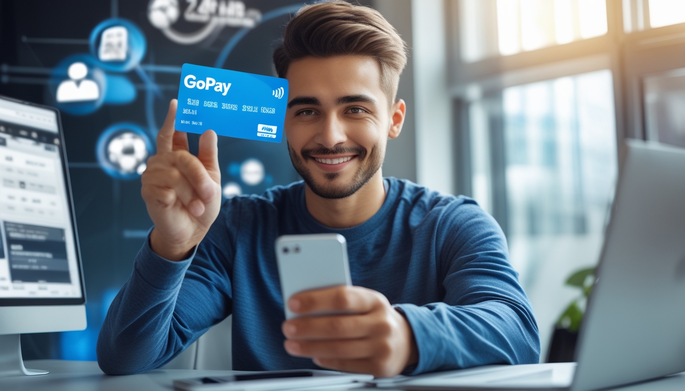 Seorang pria muda tersenyum menggunakan ponsel untuk melakukan pembayaran digital dengan GoPay di depan laptop yang menampilkan situs taruhan olahraga.