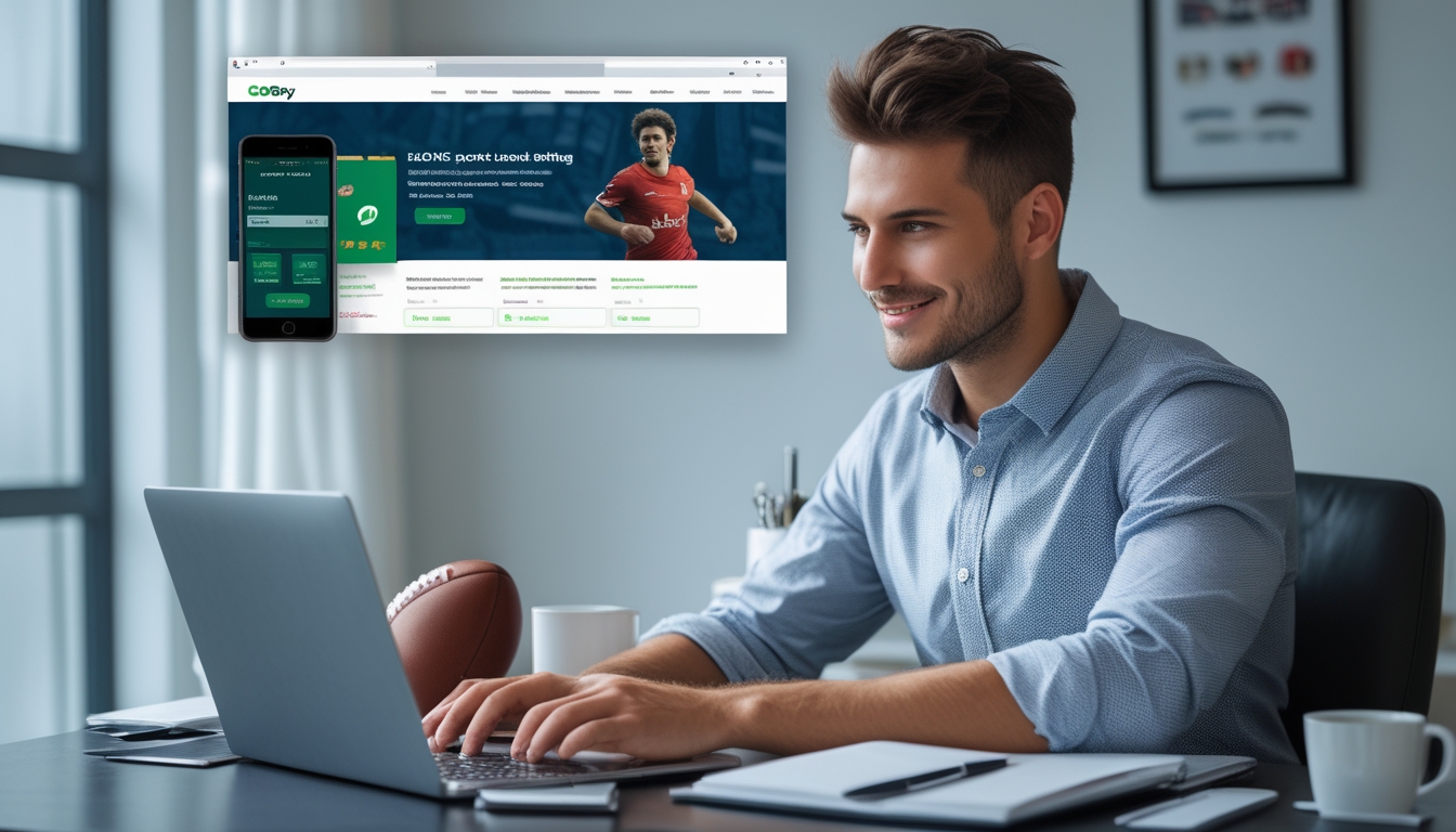 Seorang pria muda duduk di depan laptop dan smartphone, menggunakan aplikasi GoPay untuk bermain bandar bola online.