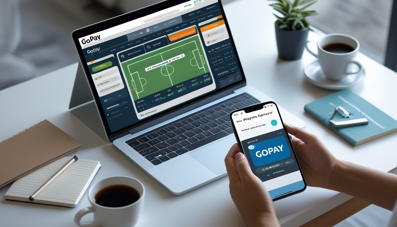 Seorang pengguna sedang melihat situs taruhan bola online di laptop dengan aplikasi GoPay terbuka di ponsel di meja kerja yang rapi.
