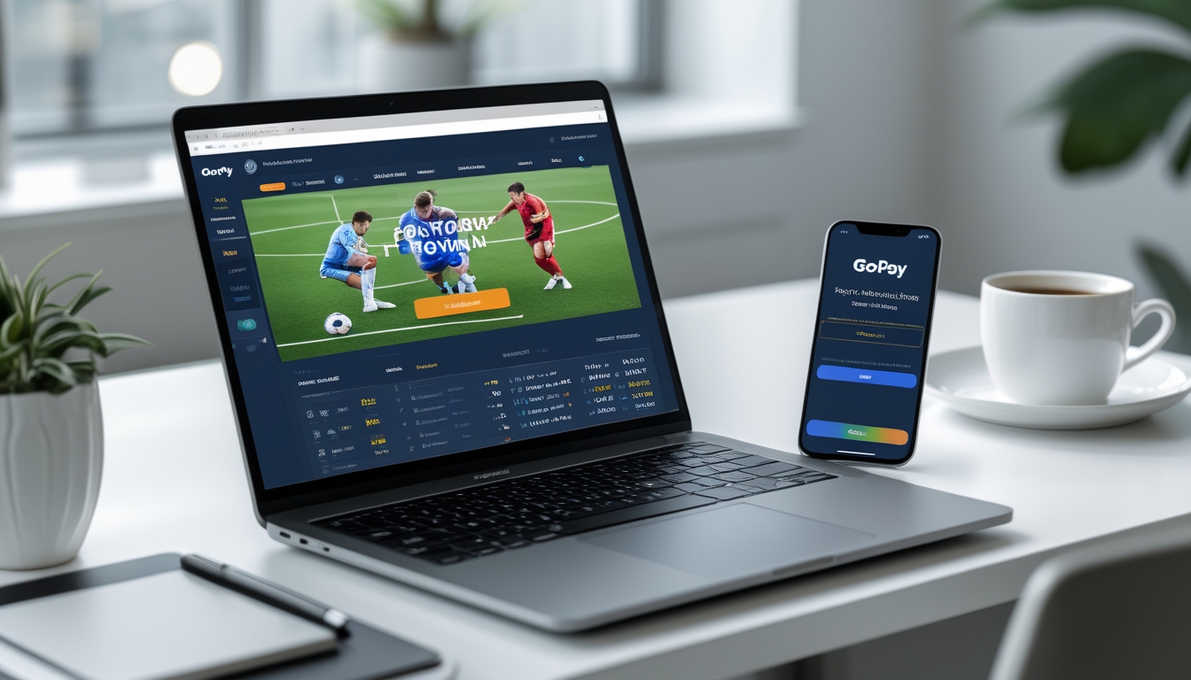 Seorang pengguna sedang menggunakan laptop dan ponsel untuk memasang taruhan bola online dengan pembayaran melalui aplikasi GoPay di meja kerja yang rapi.