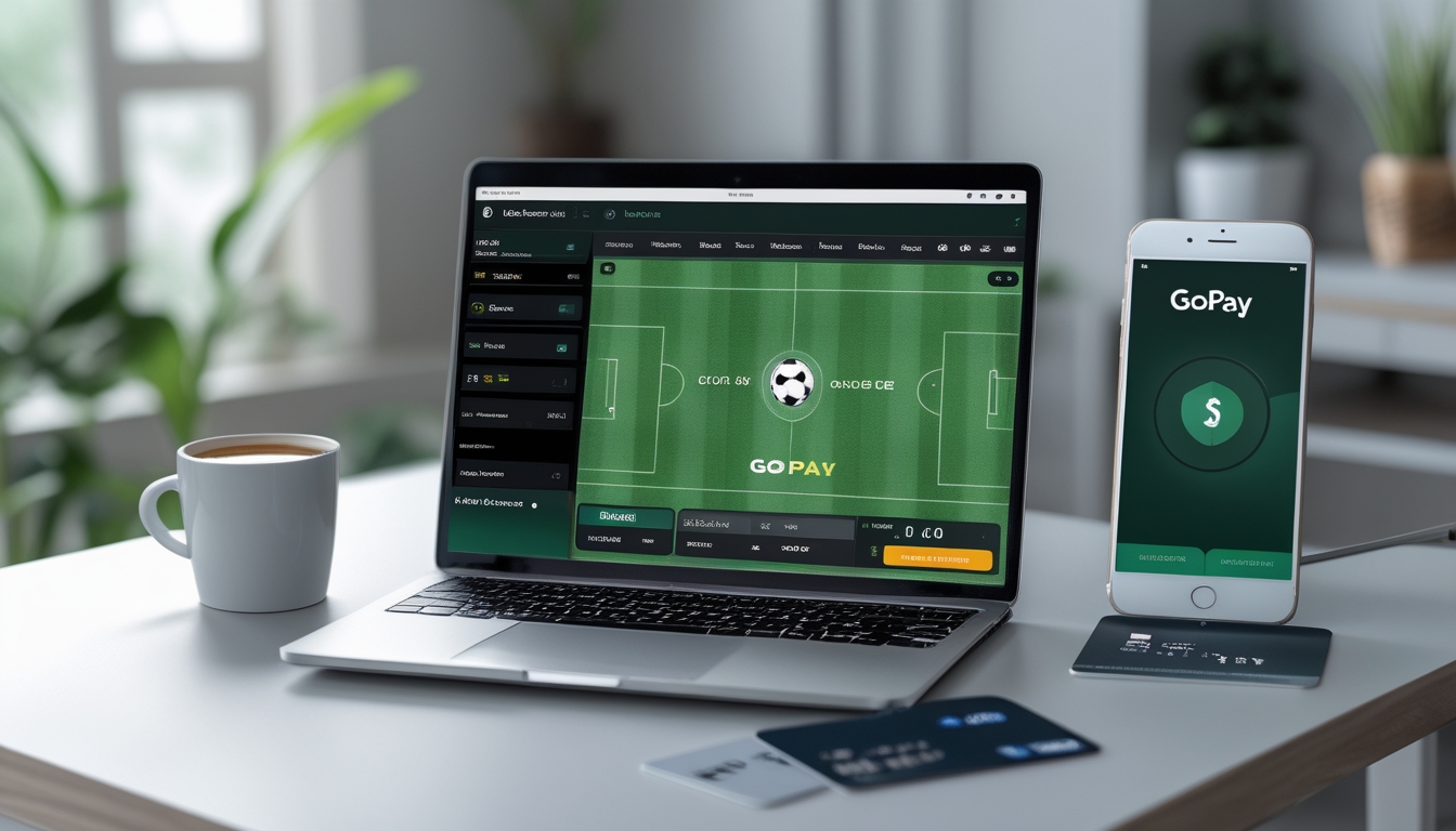 Seorang pengguna duduk di depan laptop dengan tampilan situs taruhan bola online dan ponsel yang menampilkan aplikasi pembayaran digital, di atas meja yang rapi dengan suasana ruangan yang nyaman.