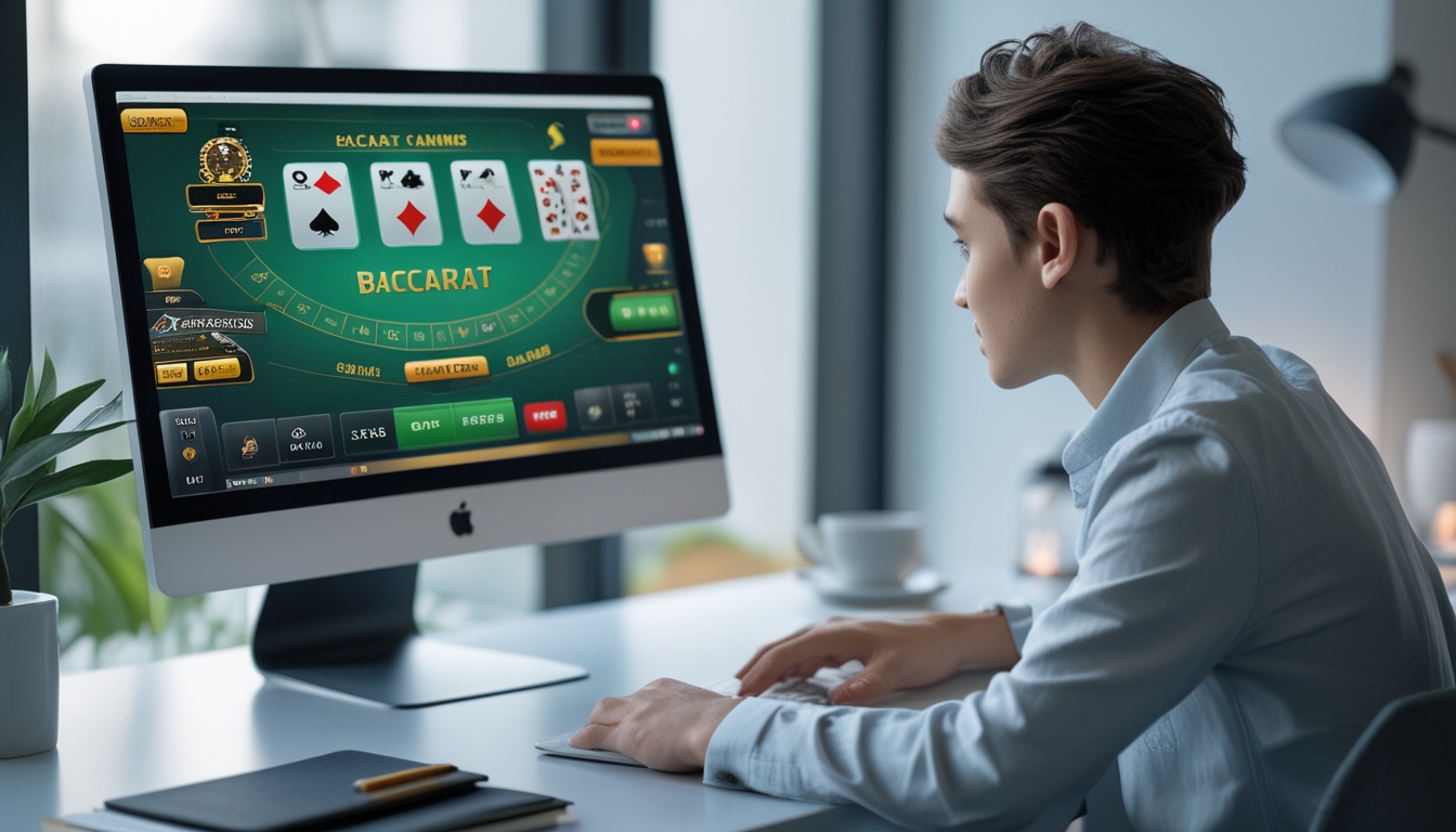 Seorang pemuda duduk di depan komputer yang menampilkan permainan baccarat online dengan suasana belajar yang tenang dan fokus.