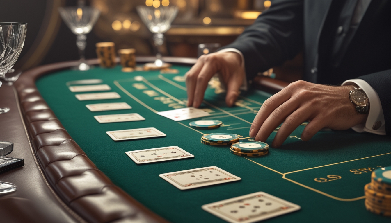 Meja baccarat dengan kartu dan chip yang tertata rapi, tangan dealer sedang membagikan kartu di suasana kasino mewah.