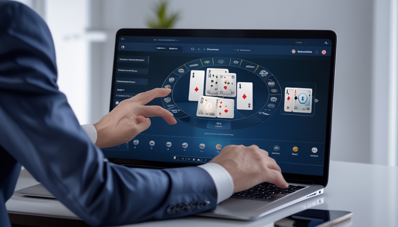 Seseorang sedang bermain baccarat online di depan laptop dengan suasana ruangan yang rapi dan pencahayaan alami.