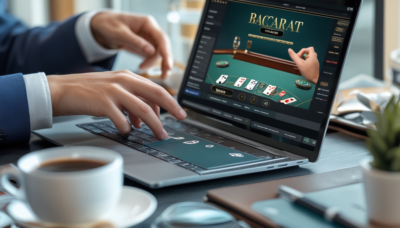 Seseorang sedang bermain Baccarat online menggunakan laptop di meja dengan suasana ruangan yang terang dan rapi.