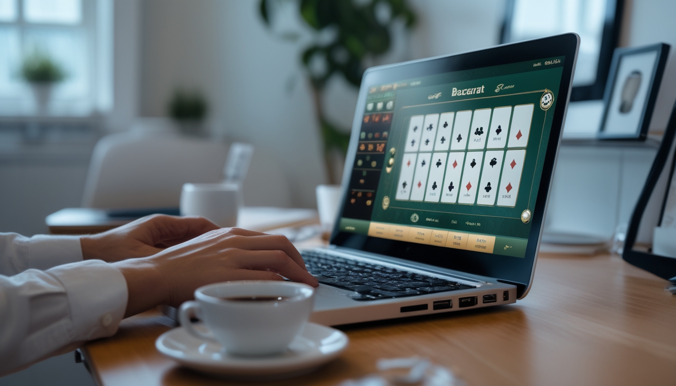 Seseorang sedang bermain baccarat online di laptop di ruang kerja modern dengan suasana tenang dan profesional.