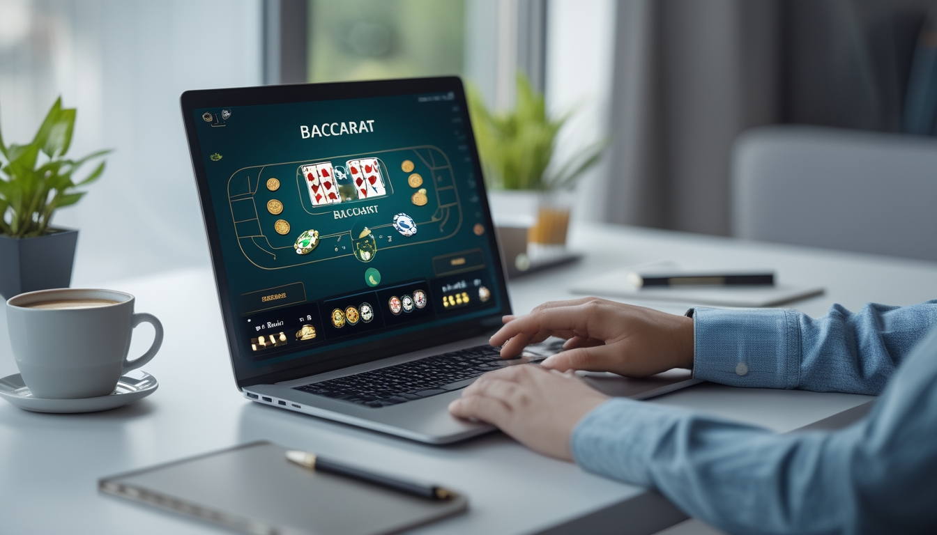 Seseorang bermain permainan baccarat online di depan komputer di ruang kerja yang rapi dan terang.