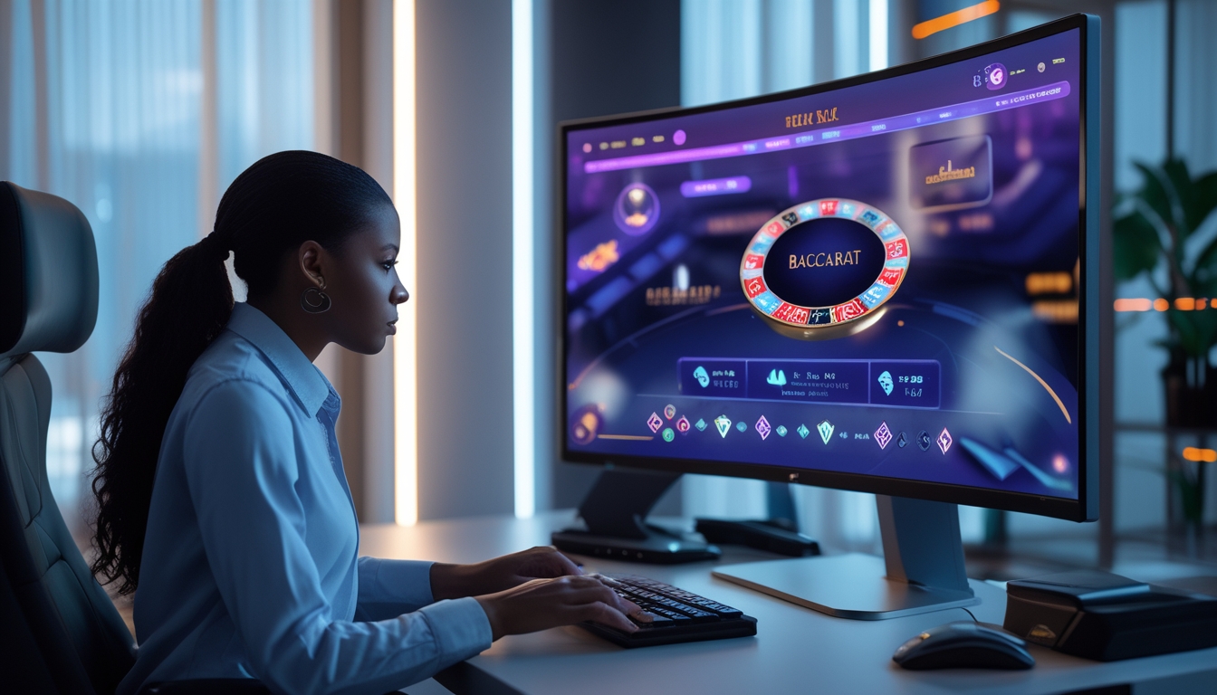Seseorang duduk di depan komputer dengan layar menampilkan permainan baccarat online, di ruangan yang terang dan modern.