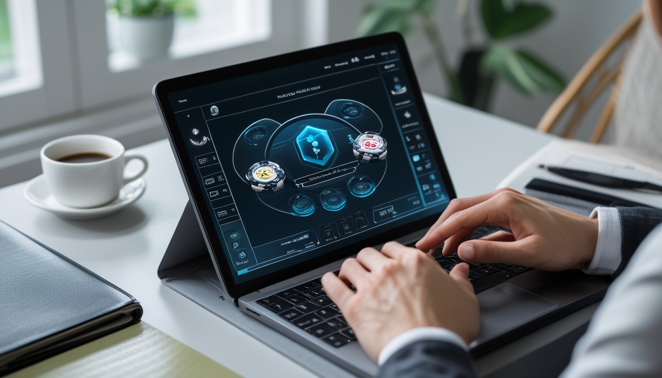 Seseorang menggunakan laptop untuk bermain baccarat online dengan tumpukan chip dan kartu terlihat di layar, di meja dengan alat tulis dan secangkir kopi.