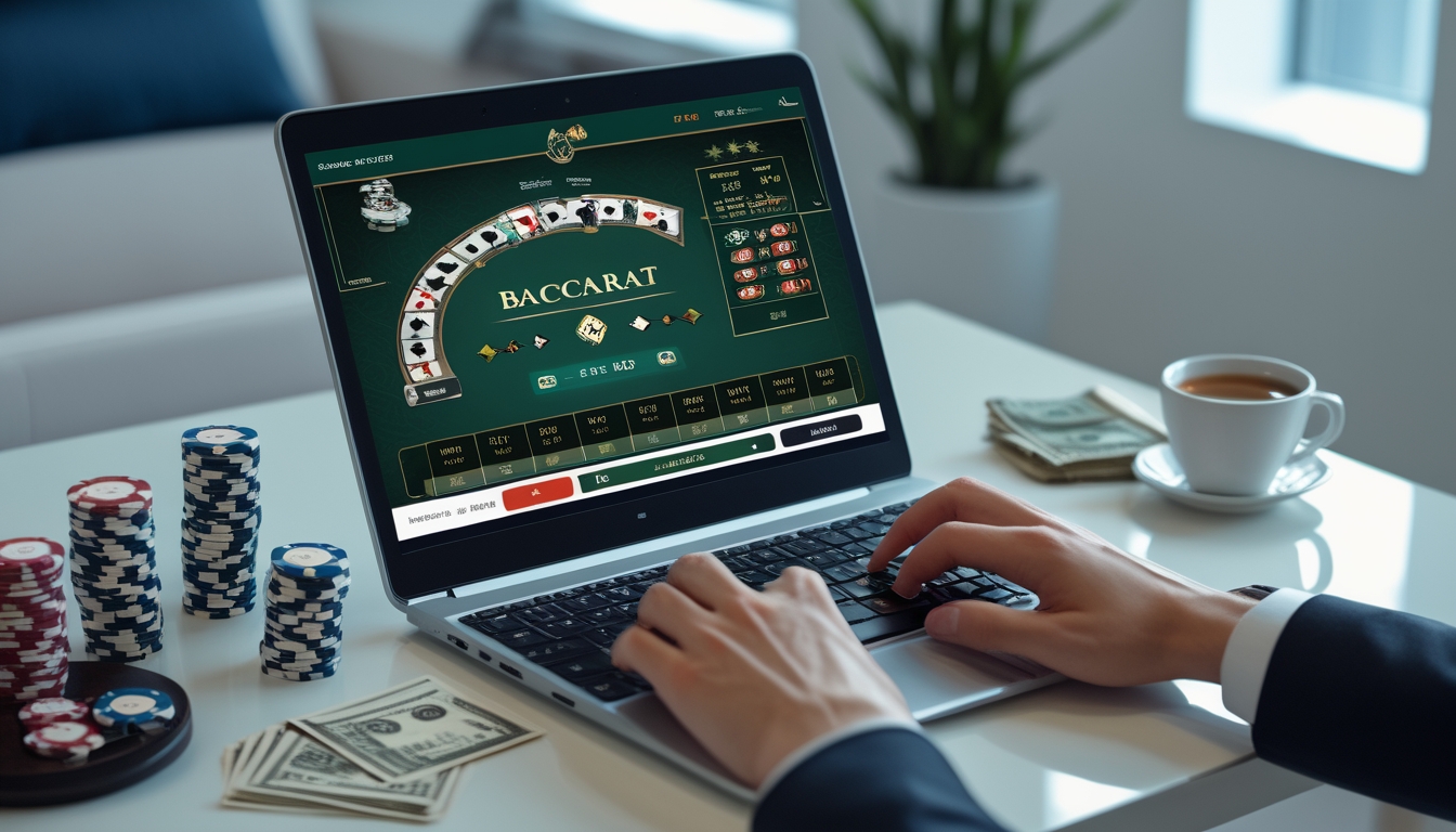 Seorang pemain sedang bermain baccarat online di laptop dengan chip dan uang di meja, menunjukkan bermain dengan modal kecil tapi berpotensi untung besar.
