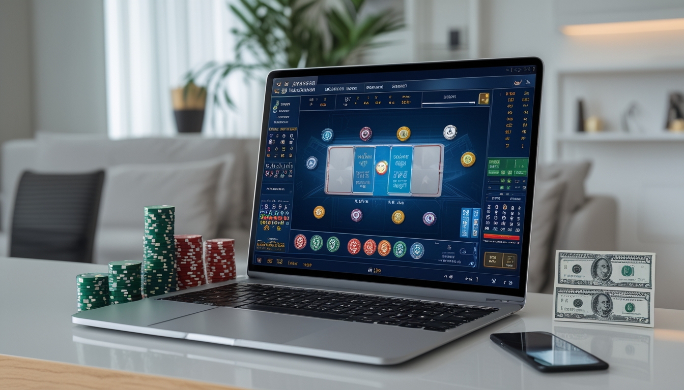 Seorang pemain menggunakan laptop untuk bermain baccarat online dengan tumpukan chip poker dan ponsel di meja dalam ruangan yang nyaman.