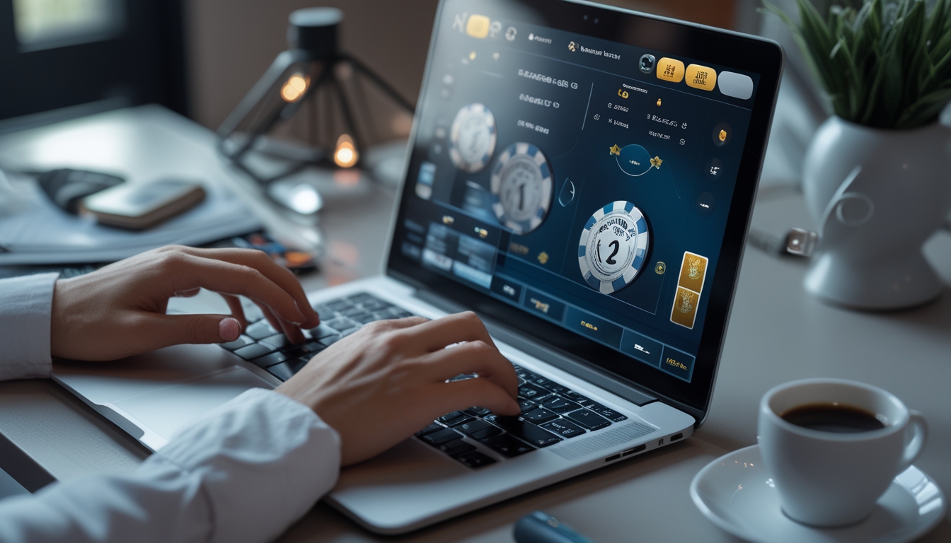Seorang pemain sedang menggunakan komputer untuk bermain baccarat online dengan kartu dan chip terlihat di layar.