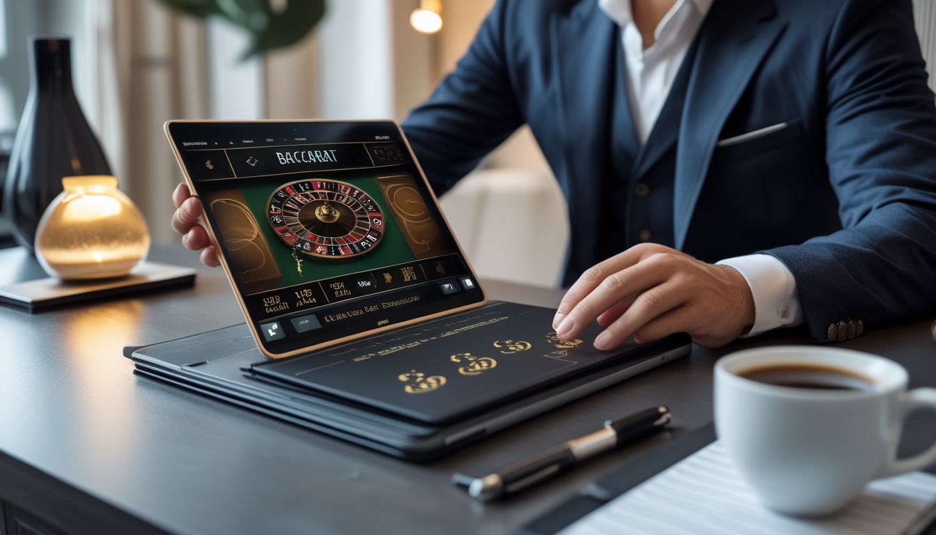 Seseorang sedang bermain permainan baccarat online menggunakan laptop di meja dengan suasana ruangan yang nyaman.