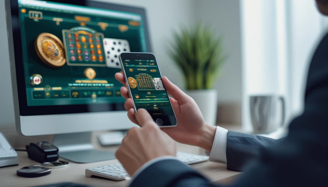 Seseorang bermain permainan baccarat online menggunakan ponsel dan komputer di meja kerja.