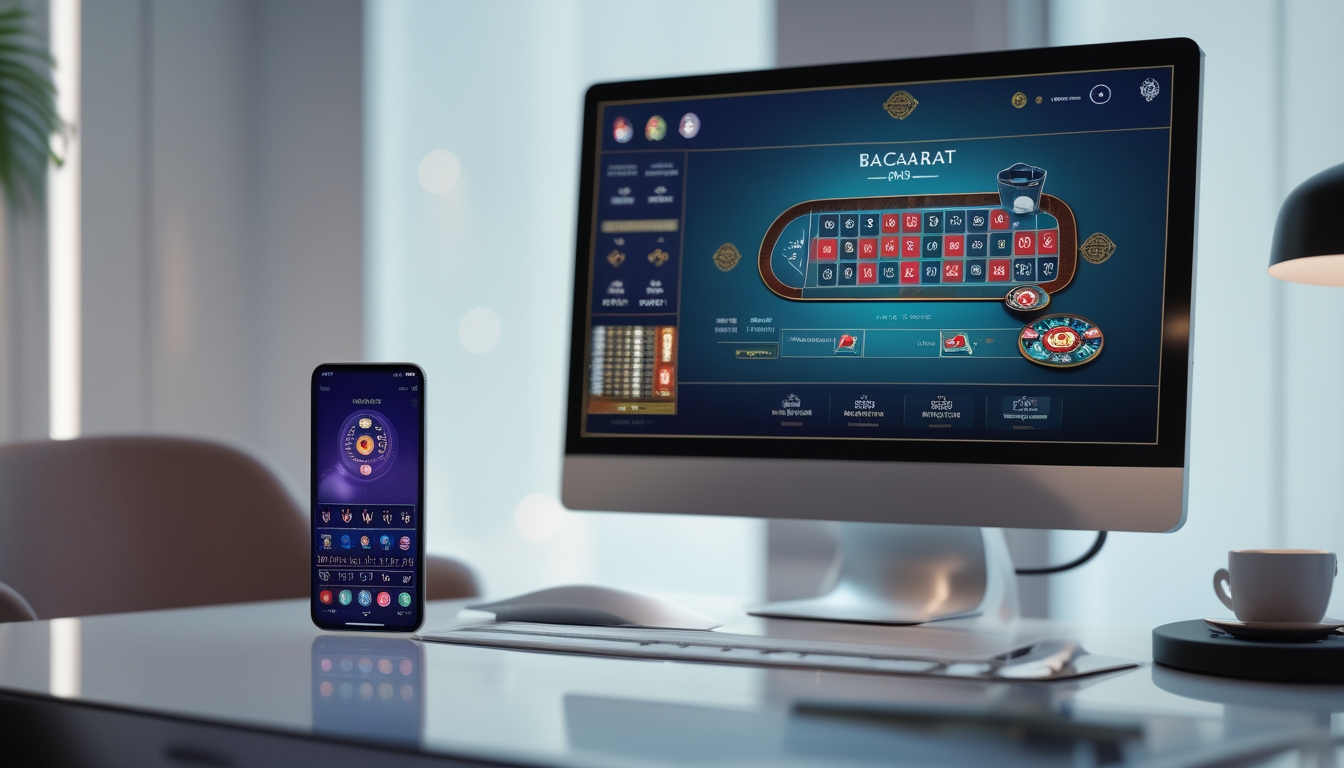 Seorang pemain menggunakan ponsel dan komputer desktop untuk bermain permainan baccarat online di meja kerja yang rapi.