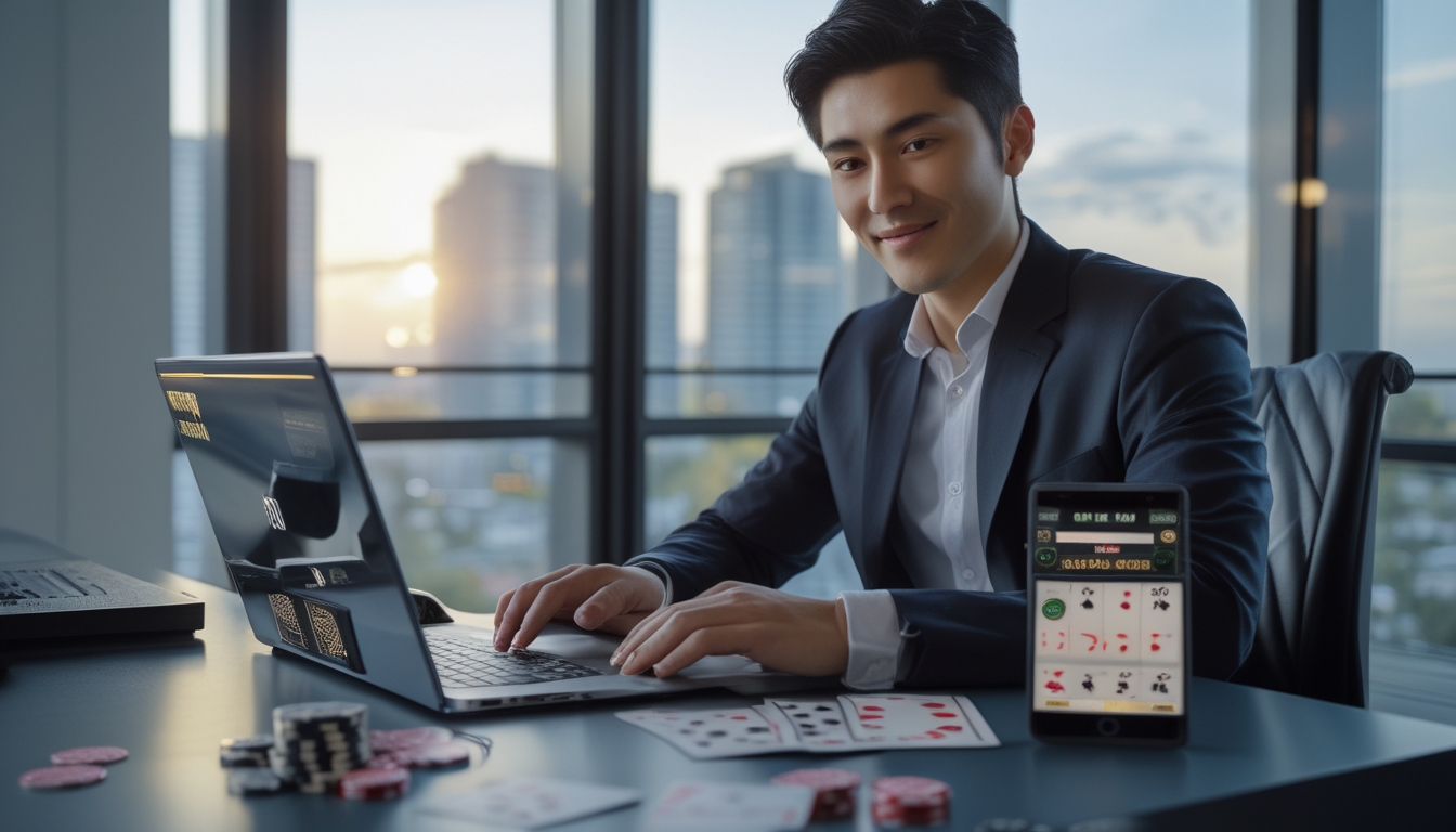 Seorang pria muda sedang menggunakan laptop di meja dengan chip poker dan kartu remi, di latar belakang terdapat pemandangan kota.