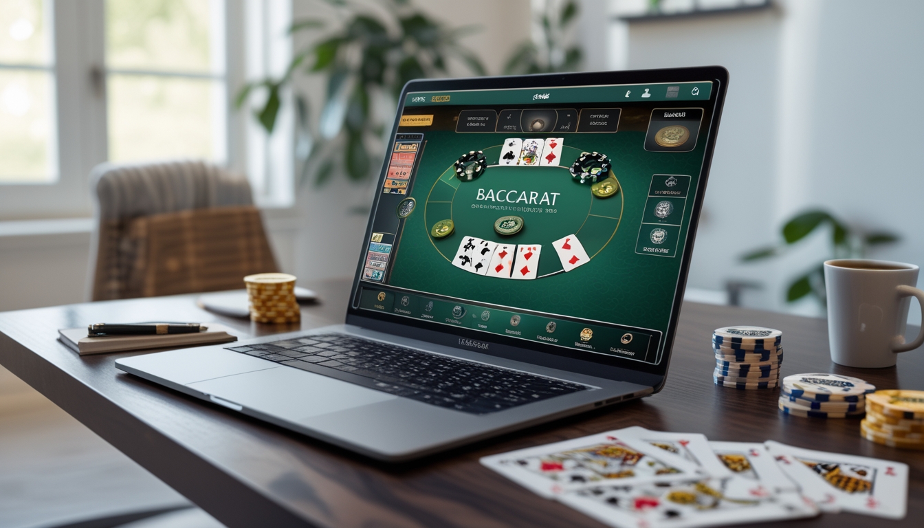 Seorang pemain sedang bermain baccarat online menggunakan laptop di atas meja kayu dengan chip dan kartu bermain di sekitarnya.