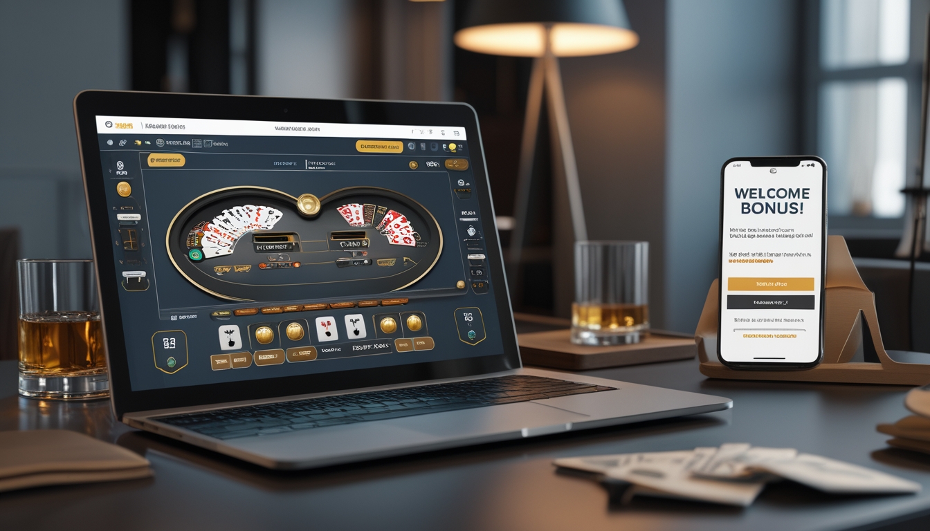 Seseorang sedang bermain baccarat online di laptop dengan ponsel yang menampilkan notifikasi bonus selamat datang di meja yang rapi di ruang tamu modern.