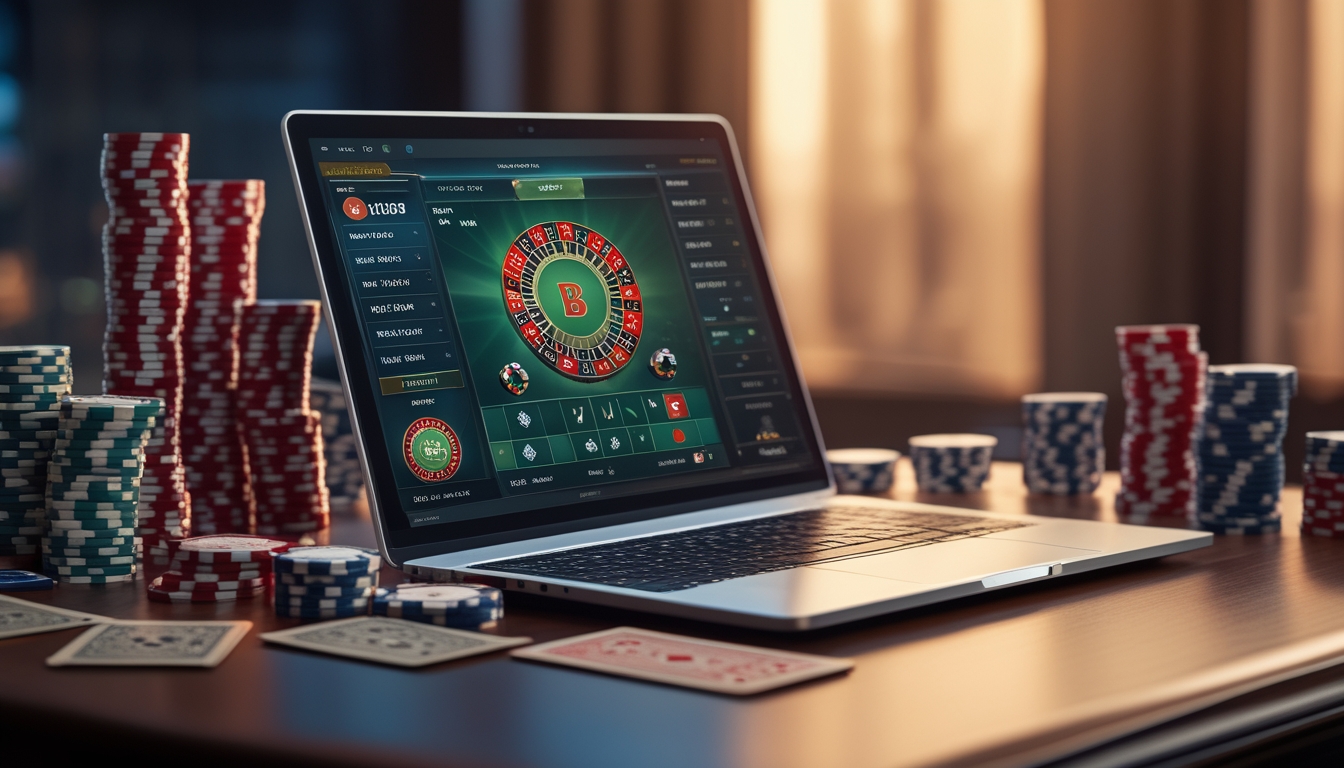 Seorang pemain menggunakan laptop dengan permainan baccarat online di layar, dikelilingi oleh chip poker dan kartu remi.