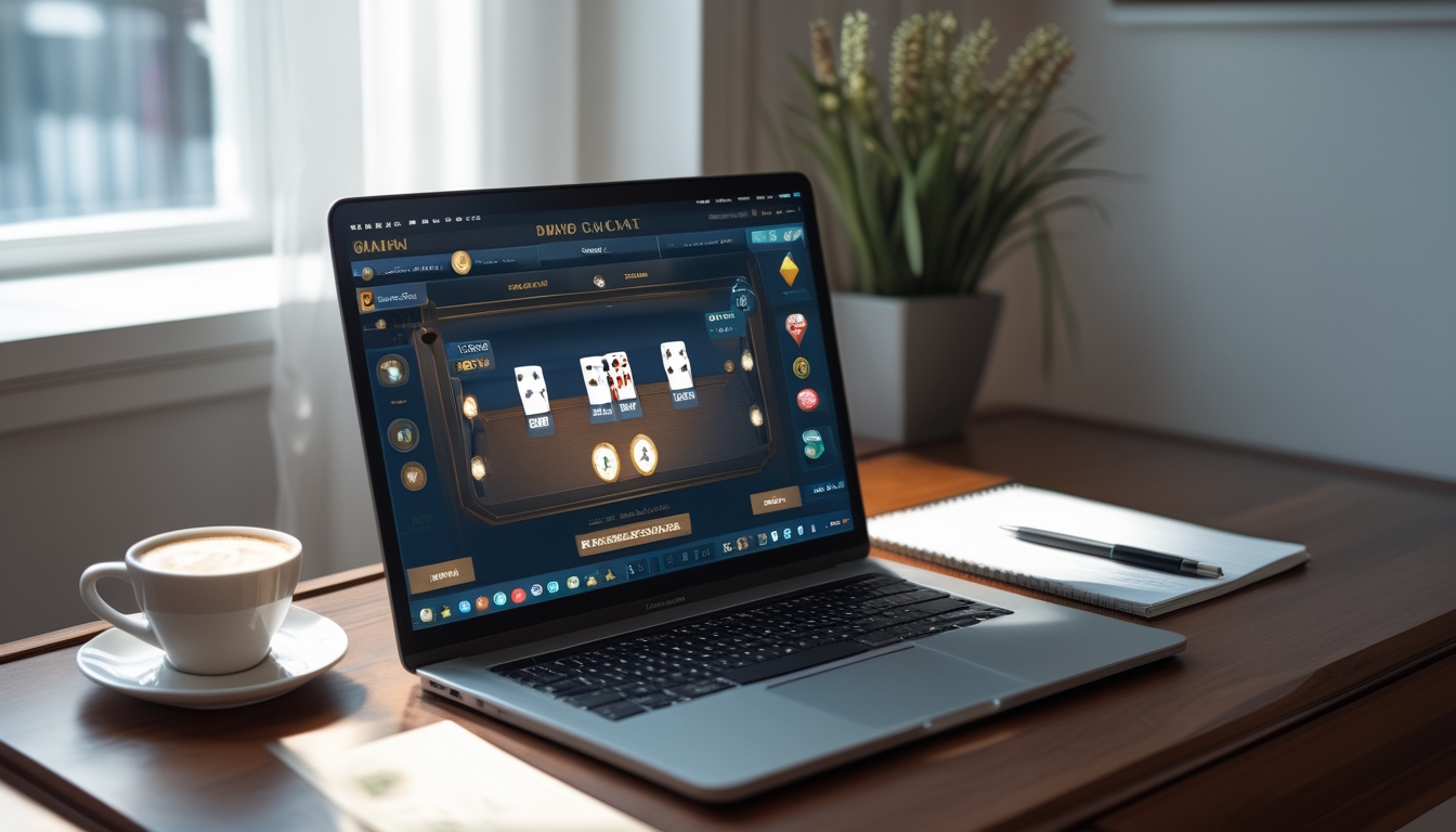 Sebuah meja kerja dengan komputer yang menampilkan permainan baccarat online, secangkir kopi, dan buku catatan dengan pena.