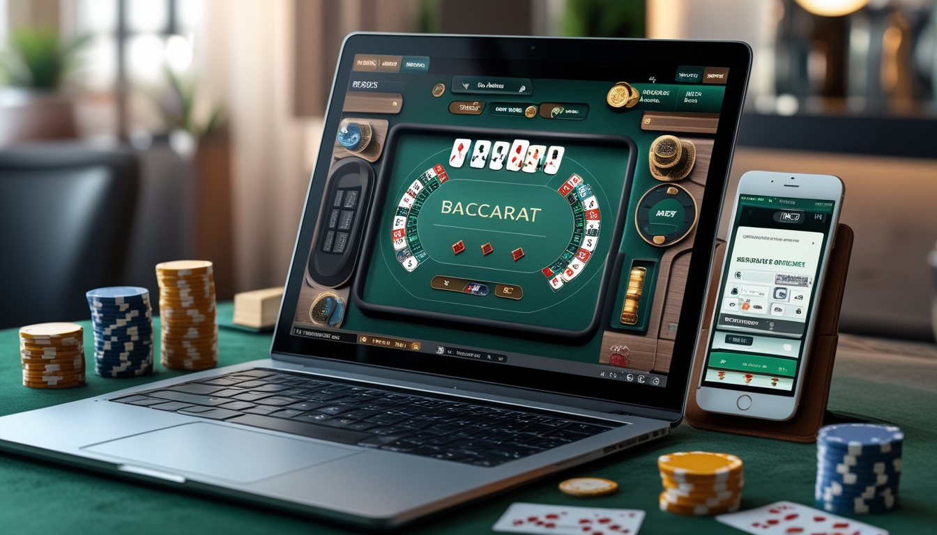 Seorang pemain sedang bermain permainan baccarat online di depan laptop dengan kartu dan chip judi di meja.