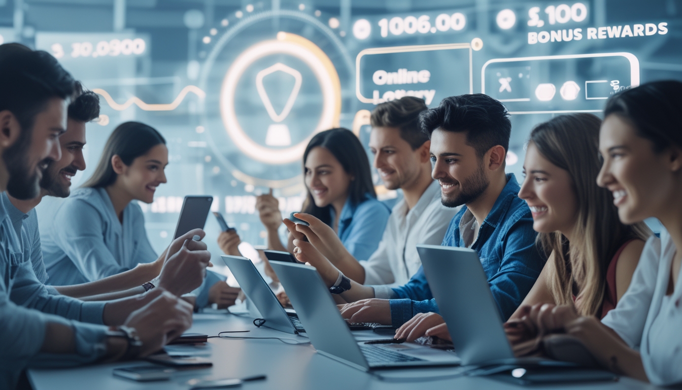Sekelompok orang muda menggunakan laptop dan ponsel di kantor modern dengan latar belakang grafik digital yang menunjukkan aktivitas togel online.