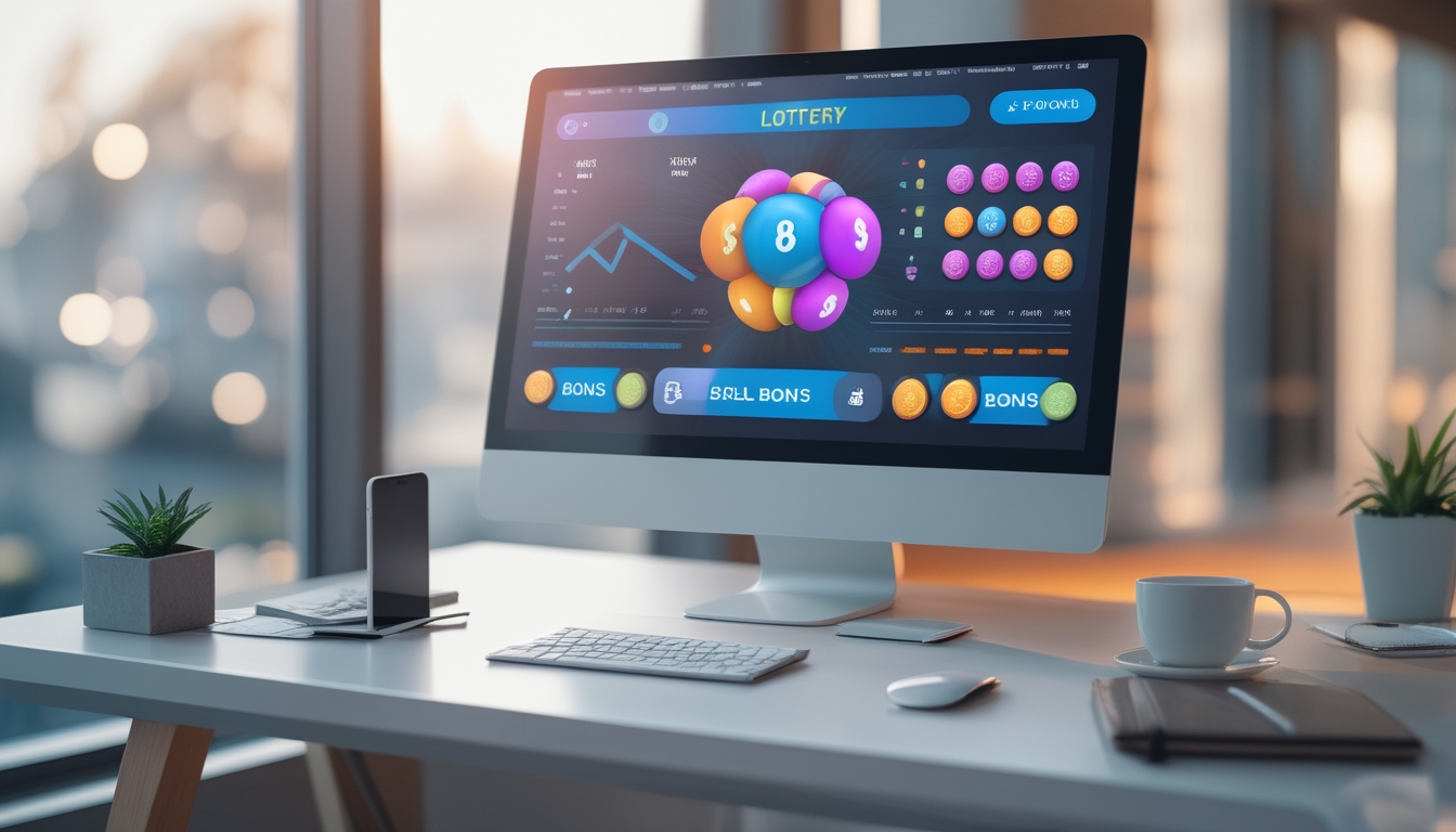 Meja kerja modern dengan komputer menampilkan antarmuka permainan togel online, dikelilingi oleh ponsel, kopi, dan buku catatan.