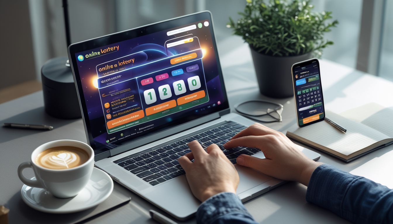 Seseorang menggunakan laptop dan ponsel di meja kerja yang rapi dengan tampilan aplikasi lotere online.